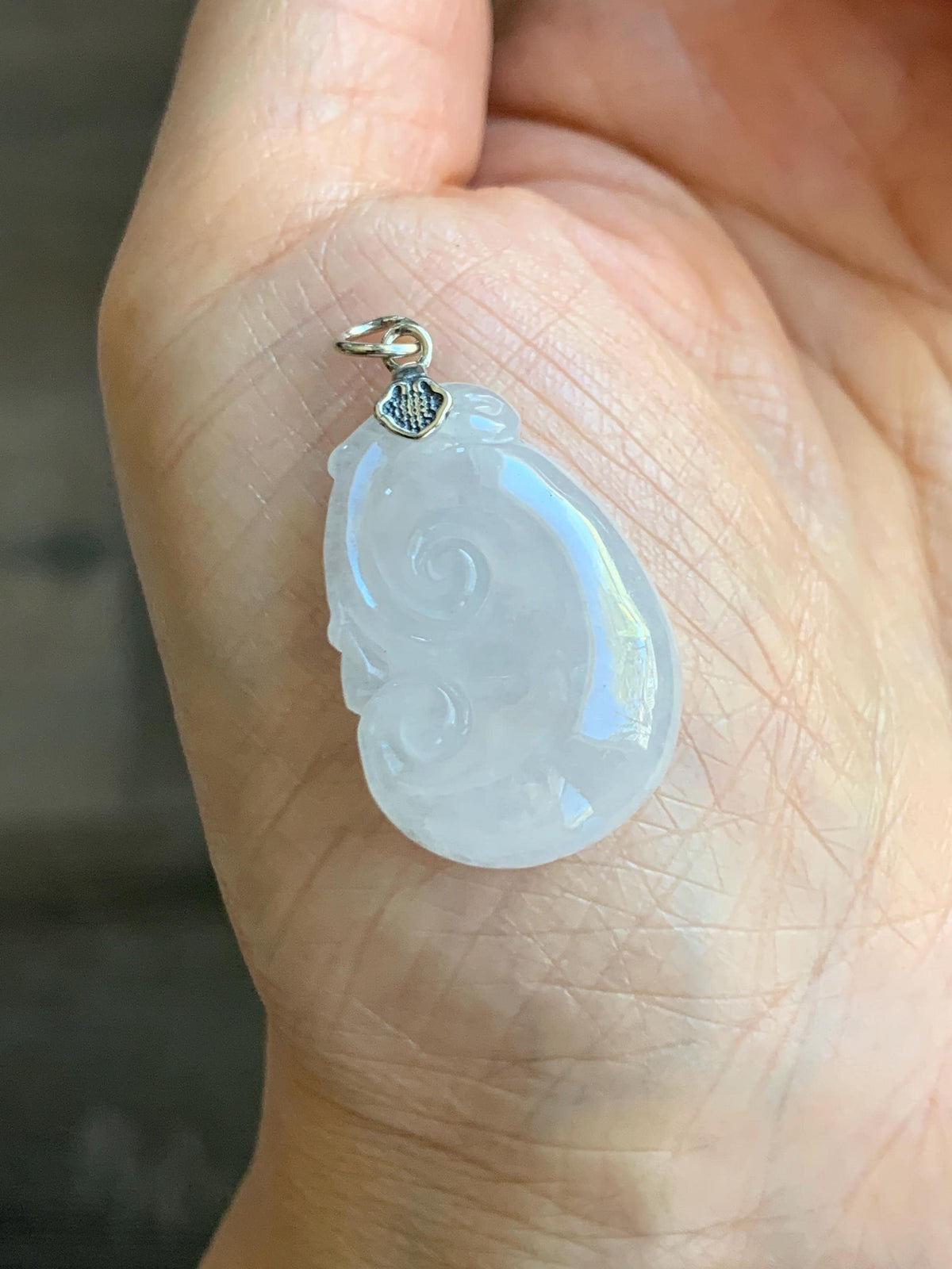 Natural Grade A Icy Highly Translucent Icy White Jade Jadeite Carved Ruyi Pendant Sterling Silver 5g 天然白冰胶翡翠如意吊坠 MBR90A