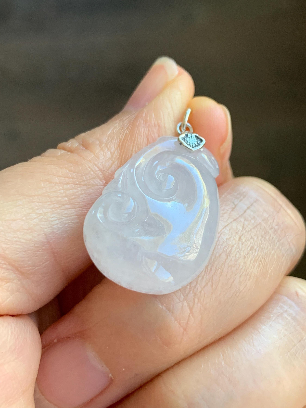 Natural Grade A Icy Highly Translucent Icy White Jade Jadeite Carved Ruyi Pendant Sterling Silver 5g 天然白冰胶翡翠如意吊坠 MBR90A