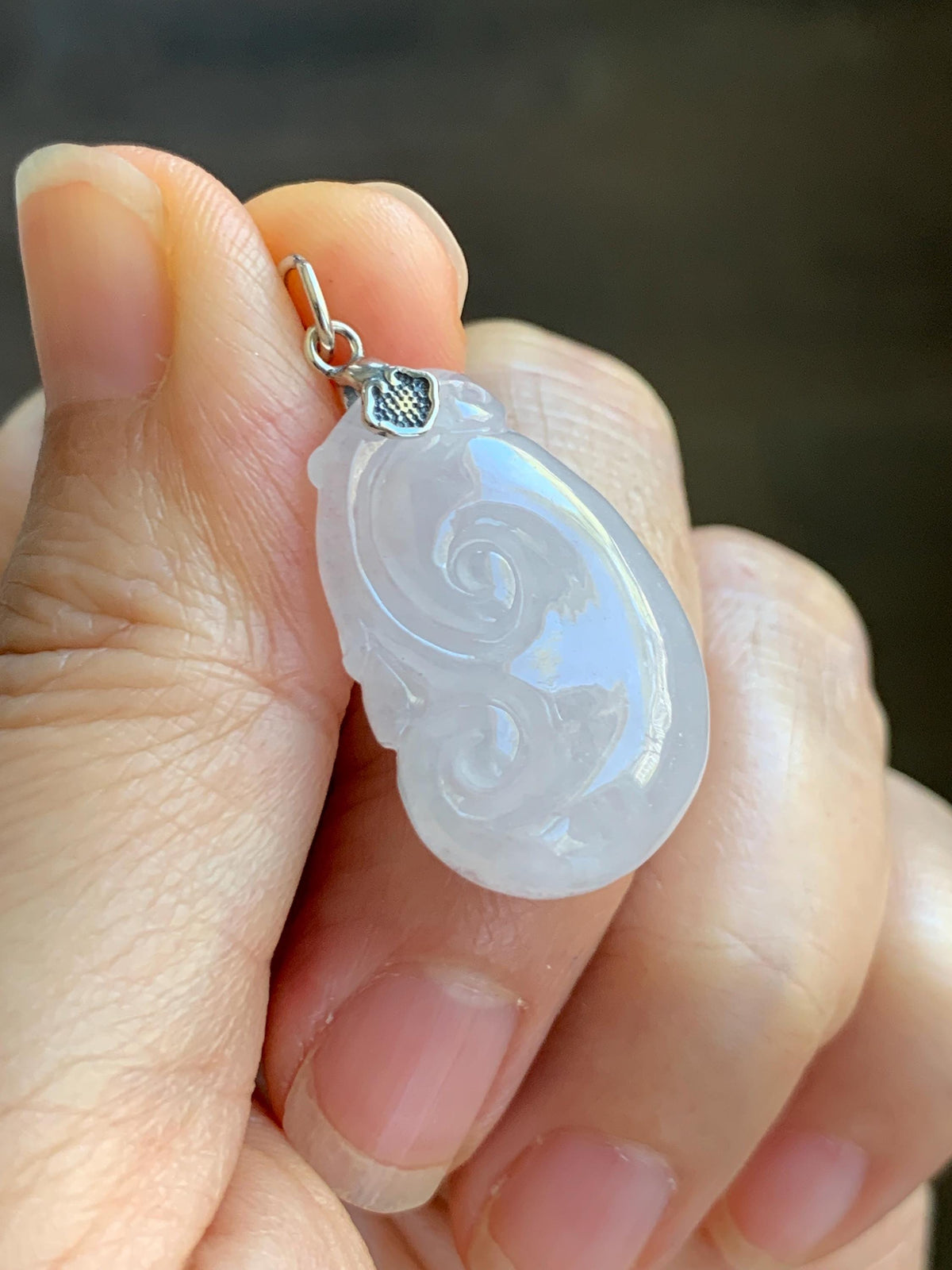 Natural Grade A Icy Highly Translucent Icy White Jade Jadeite Carved Ruyi Pendant Sterling Silver 5g 天然白冰胶翡翠如意吊坠 MBR90A
