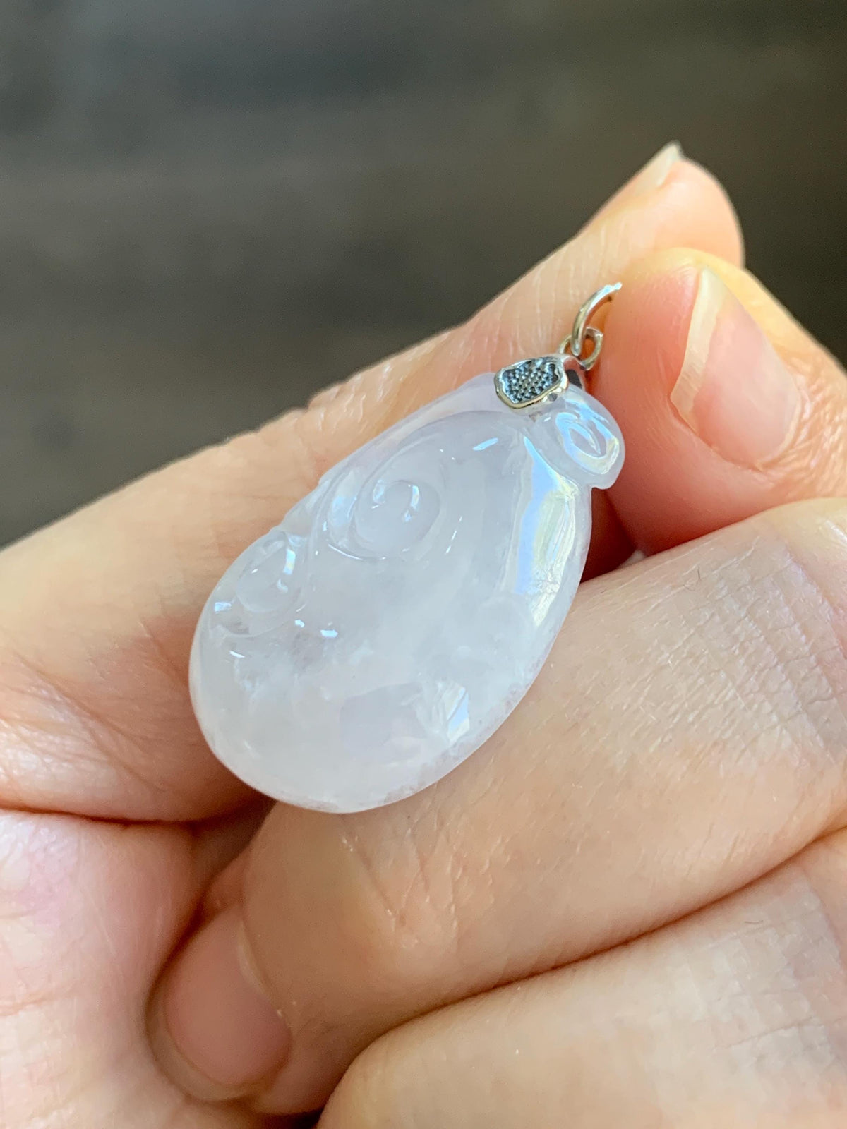 Natural Grade A Icy Highly Translucent Icy White Jade Jadeite Carved Ruyi Pendant Sterling Silver 5g 天然白冰胶翡翠如意吊坠 MBR90A