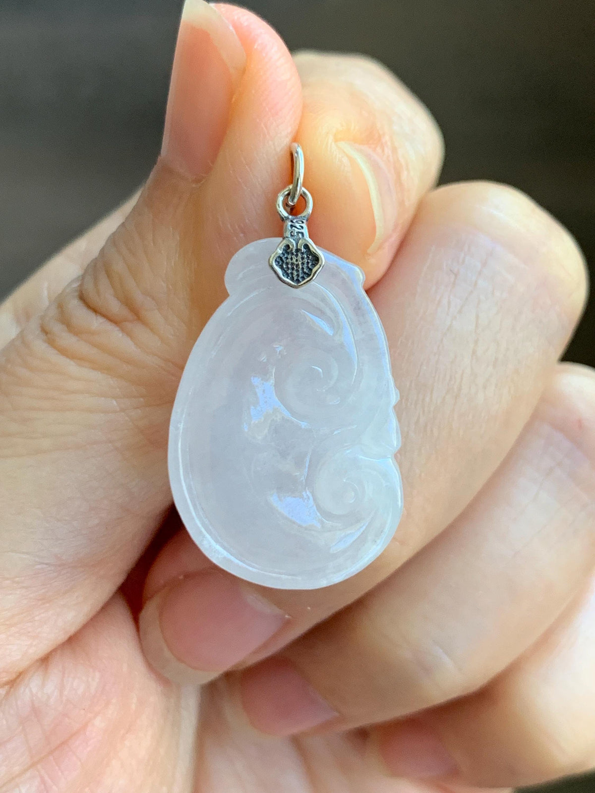 Natural Grade A Icy Highly Translucent Icy White Jade Jadeite Carved Ruyi Pendant Sterling Silver 5g 天然白冰胶翡翠如意吊坠 MBR90A