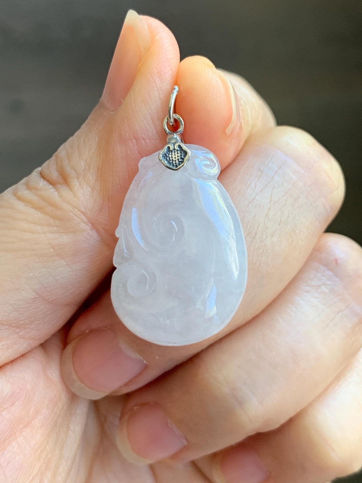 Natural Grade A Icy Highly Translucent Icy White Jade Jadeite Carved Ruyi Pendant Sterling Silver 5g 天然白冰胶翡翠如意吊坠 MBR90A
