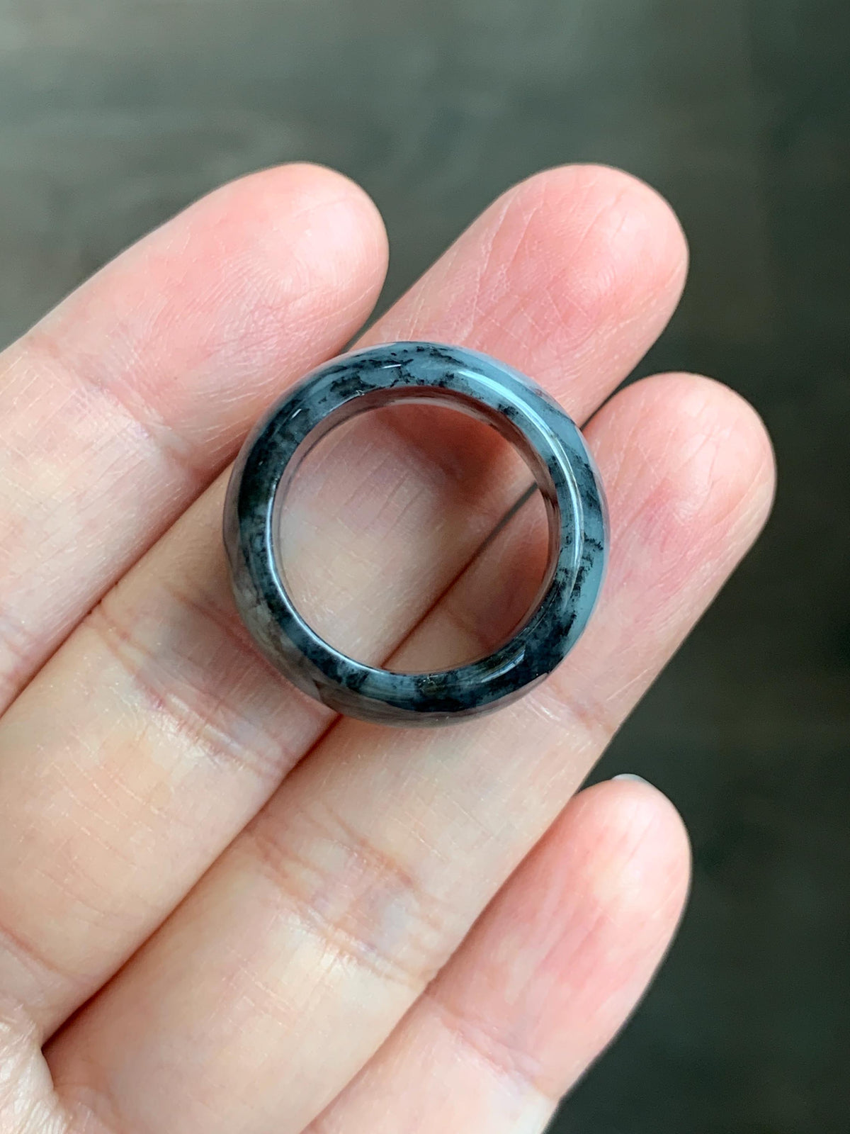 Natural Grade A Icy Translucent Black Wuji Marbled Jade Jadeite Wide Band Ring Size 6.5 US 6g 天然冰乌鸡绿翡翠戒圈 MWJ44