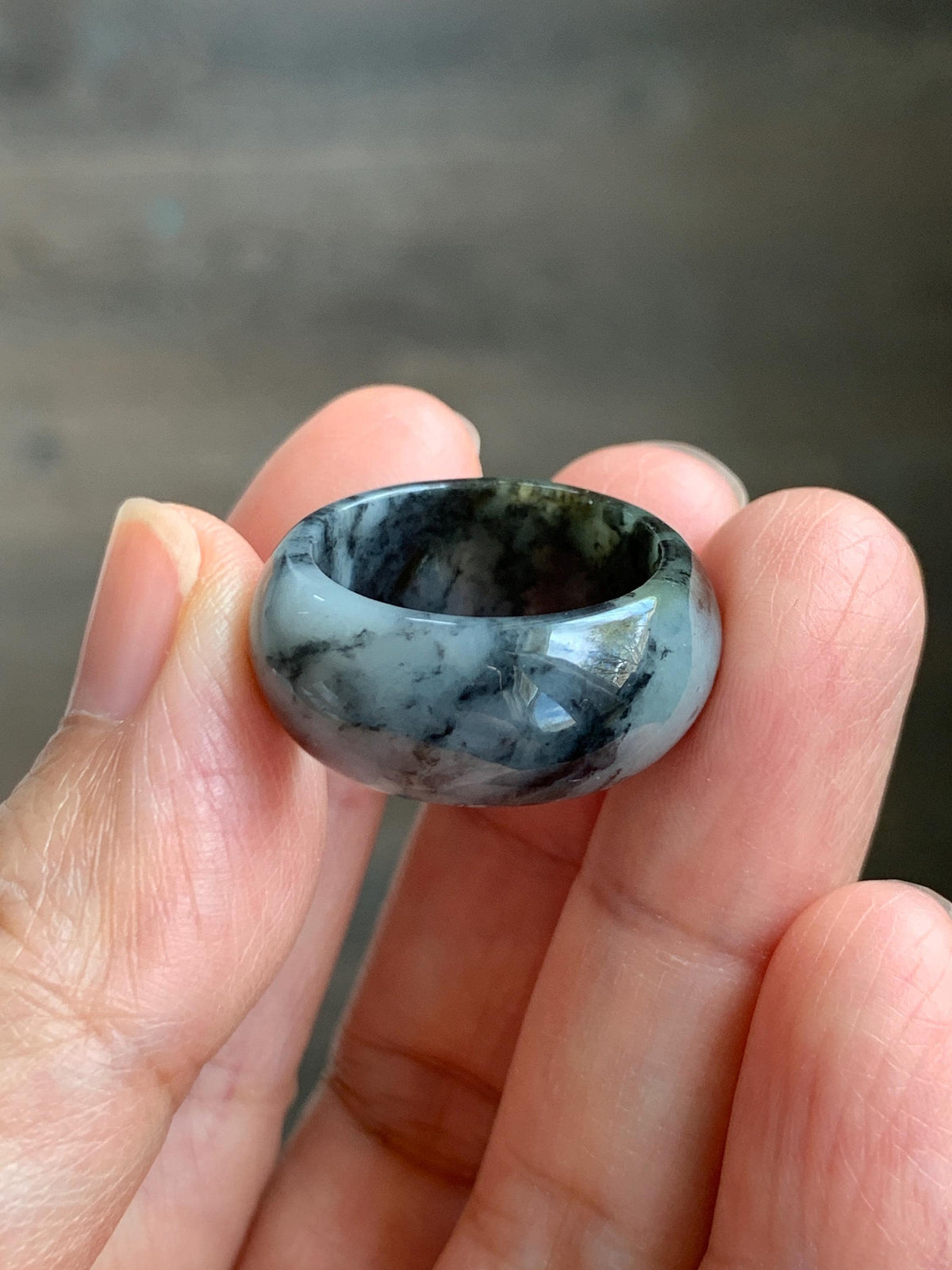 Natural Grade A Icy Translucent Black Wuji Marbled Jade Jadeite Wide Band Ring Size 6.5 US 6g 天然冰乌鸡绿翡翠戒圈 MWJ44