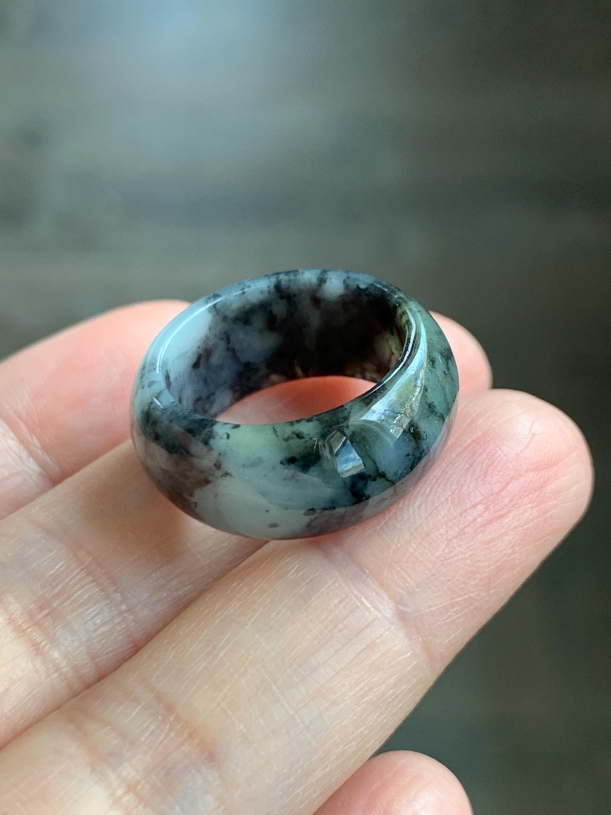 Natural Grade A Icy Translucent Black Wuji Marbled Jade Jadeite Wide Band Ring Size 6.5 US 6g 天然冰乌鸡绿翡翠戒圈 MWJ44