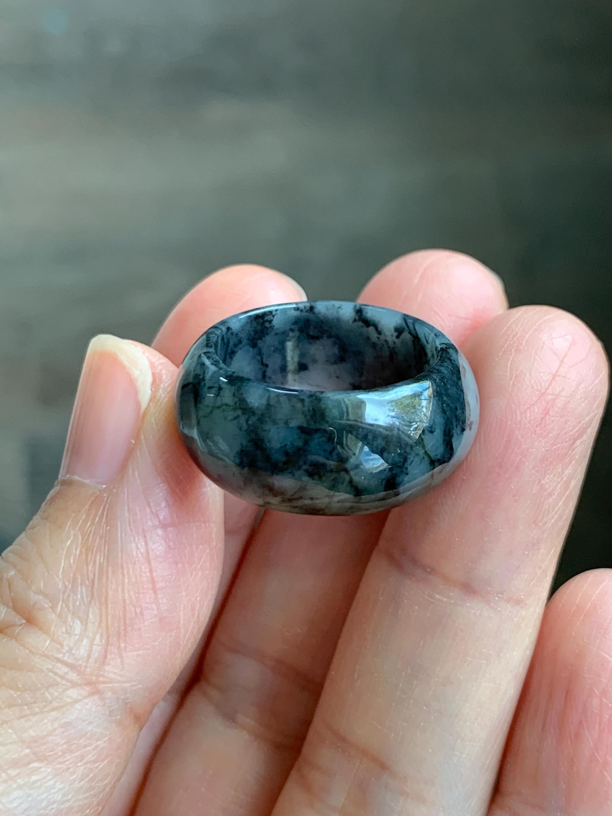 Natural Grade A Icy Translucent Black Wuji Marbled Jade Jadeite Wide Band Ring Size 6.5 US 6g 天然冰乌鸡绿翡翠戒圈 MWJ44