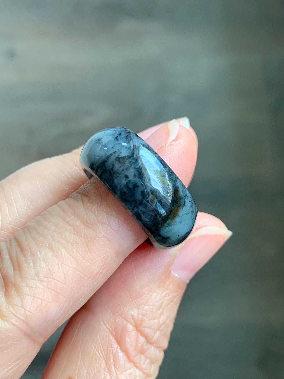 Natural Grade A Icy Translucent Black Wuji Marbled Jade Jadeite Wide Band Ring Size 6.5 US 6g 天然冰乌鸡绿翡翠戒圈 MWJ44