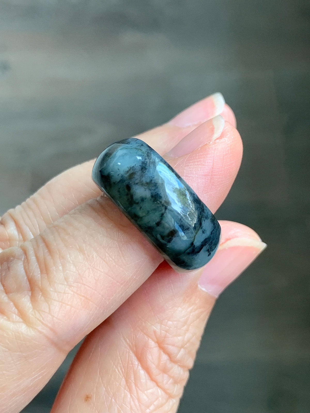 Natural Grade A Icy Translucent Black Wuji Marbled Jade Jadeite Wide Band Ring Size 6.5 US 6g 天然冰乌鸡绿翡翠戒圈 MWJ44