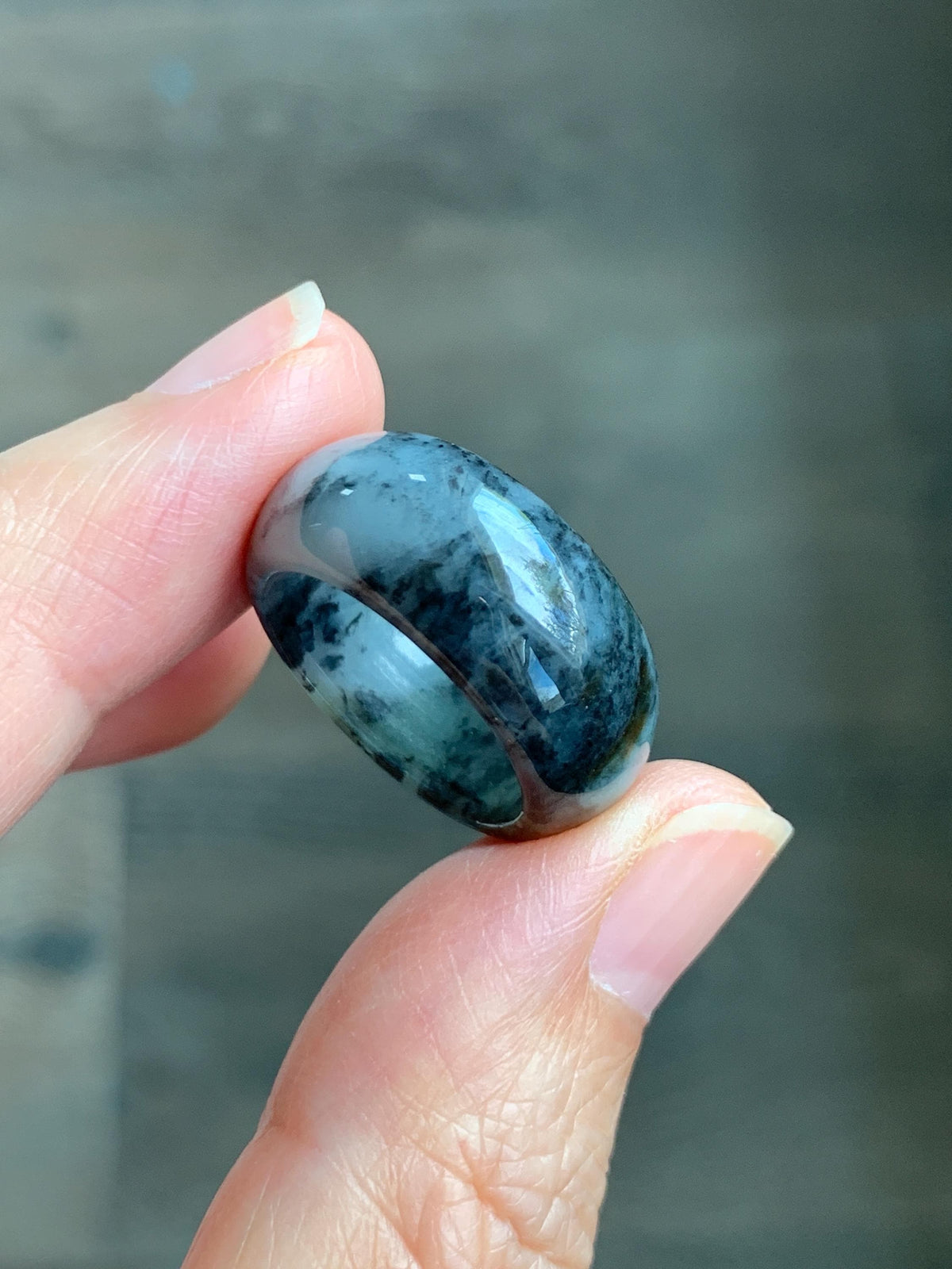Natural Grade A Icy Translucent Black Wuji Marbled Jade Jadeite Wide Band Ring Size 6.5 US 6g 天然冰乌鸡绿翡翠戒圈 MWJ44