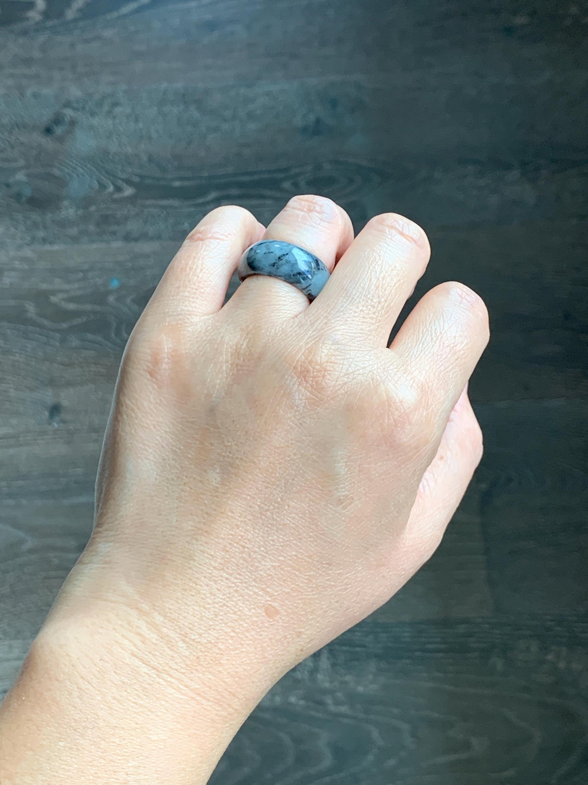 Natural Grade A Icy Translucent Black Wuji Marbled Jade Jadeite Wide Band Ring Size 6.5 US 6g 天然冰乌鸡绿翡翠戒圈 MWJ44