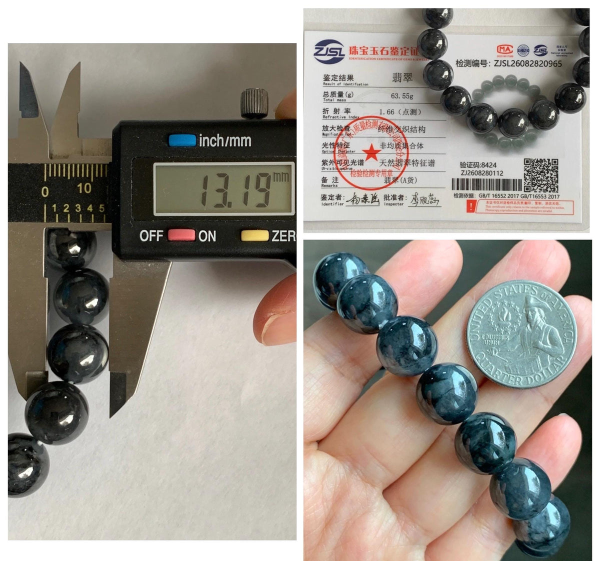 Certified Grade A Natural Icy Translucent Dark Wuji Jade Jadeite Large Beads Beaded Bracelet 13.2mm 8" 63.55g 天然大卡冰乌鸡翡翠手串 965