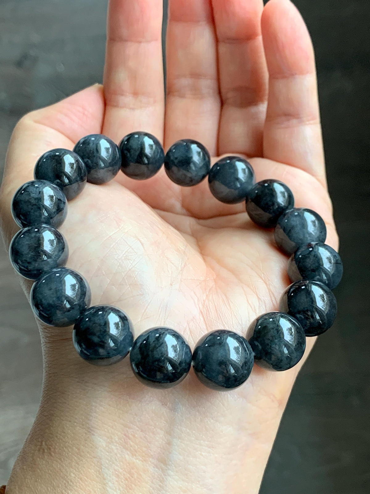 Certified Grade A Natural Icy Translucent Dark Wuji Jade Jadeite Large Beads Beaded Bracelet 13.2mm 8" 63.55g 天然大卡冰乌鸡翡翠手串 965