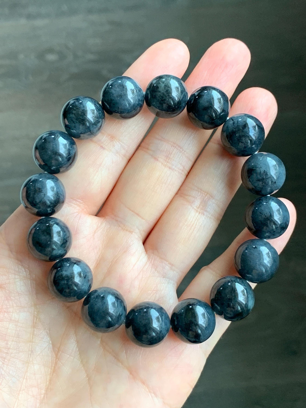 Certified Grade A Natural Icy Translucent Dark Wuji Jade Jadeite Large Beads Beaded Bracelet 13.2mm 8" 63.55g 天然大卡冰乌鸡翡翠手串 965