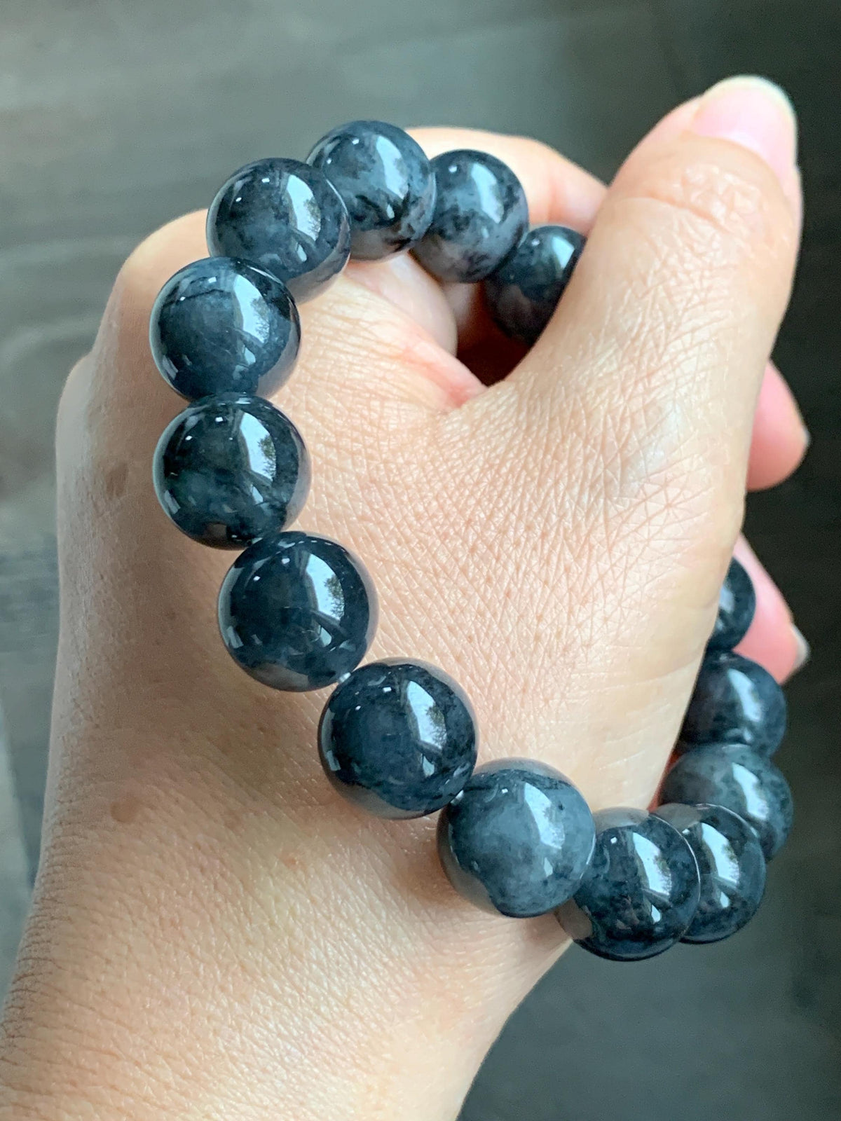 Certified Grade A Natural Icy Translucent Dark Wuji Jade Jadeite Large Beads Beaded Bracelet 13.2mm 8" 63.55g 天然大卡冰乌鸡翡翠手串 965