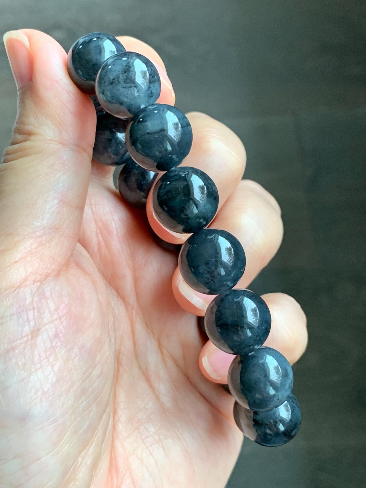 Certified Grade A Natural Icy Translucent Dark Wuji Jade Jadeite Large Beads Beaded Bracelet 13.2mm 8" 63.55g 天然大卡冰乌鸡翡翠手串 965