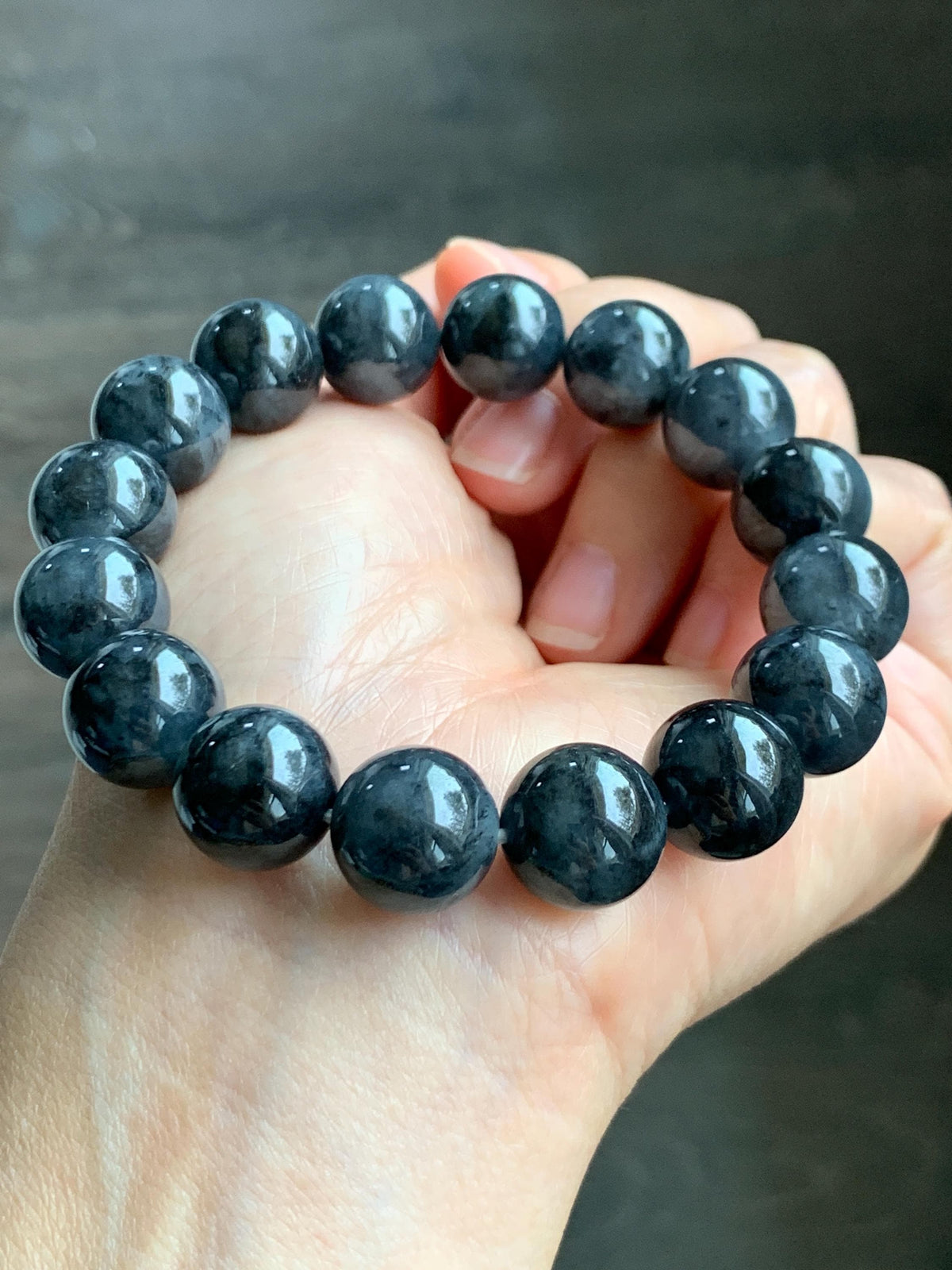 Certified Grade A Natural Icy Translucent Dark Wuji Jade Jadeite Large Beads Beaded Bracelet 13.2mm 8" 63.55g 天然大卡冰乌鸡翡翠手串 965