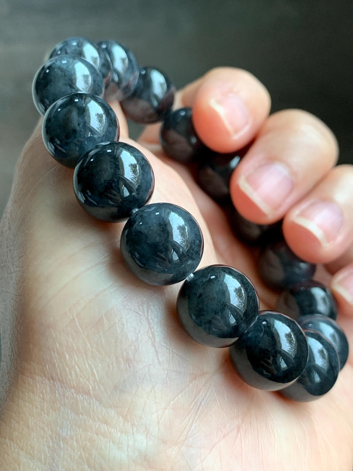 Certified Grade A Natural Icy Translucent Dark Wuji Jade Jadeite Large Beads Beaded Bracelet 13.2mm 8" 63.55g 天然大卡冰乌鸡翡翠手串 965