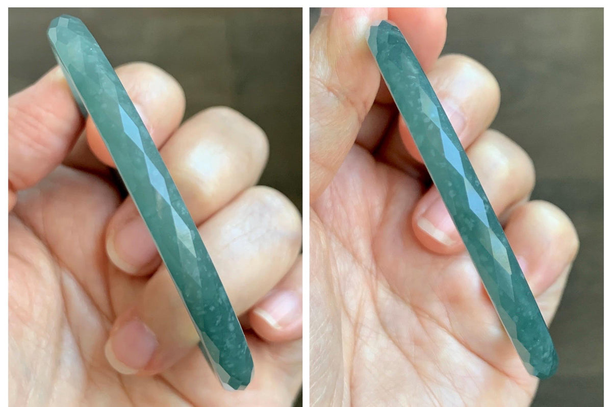 Certified Natural Grade A Guatemalan Icy Translucent Dusty Teal Jade Jadeite Diamond Faceted Slim Bangle 58mm 7.19” 19g 天然冰危蓝绿翡翠细圆条切割面手镯 954