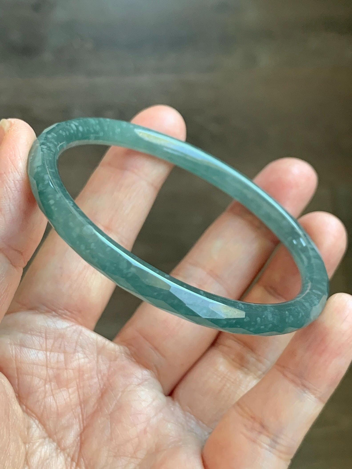 Certified Natural Grade A Guatemalan Icy Translucent Dusty Teal Jade Jadeite Diamond Faceted Slim Bangle 58mm 7.19” 19g 天然冰危蓝绿翡翠细圆条切割面手镯 954