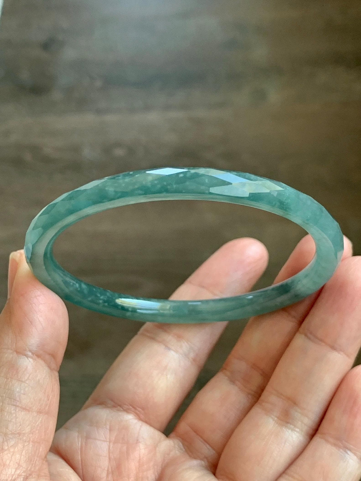 Certified Natural Grade A Guatemalan Icy Translucent Dusty Teal Jade Jadeite Diamond Faceted Slim Bangle 58mm 7.19” 19g 天然冰危蓝绿翡翠细圆条切割面手镯 954