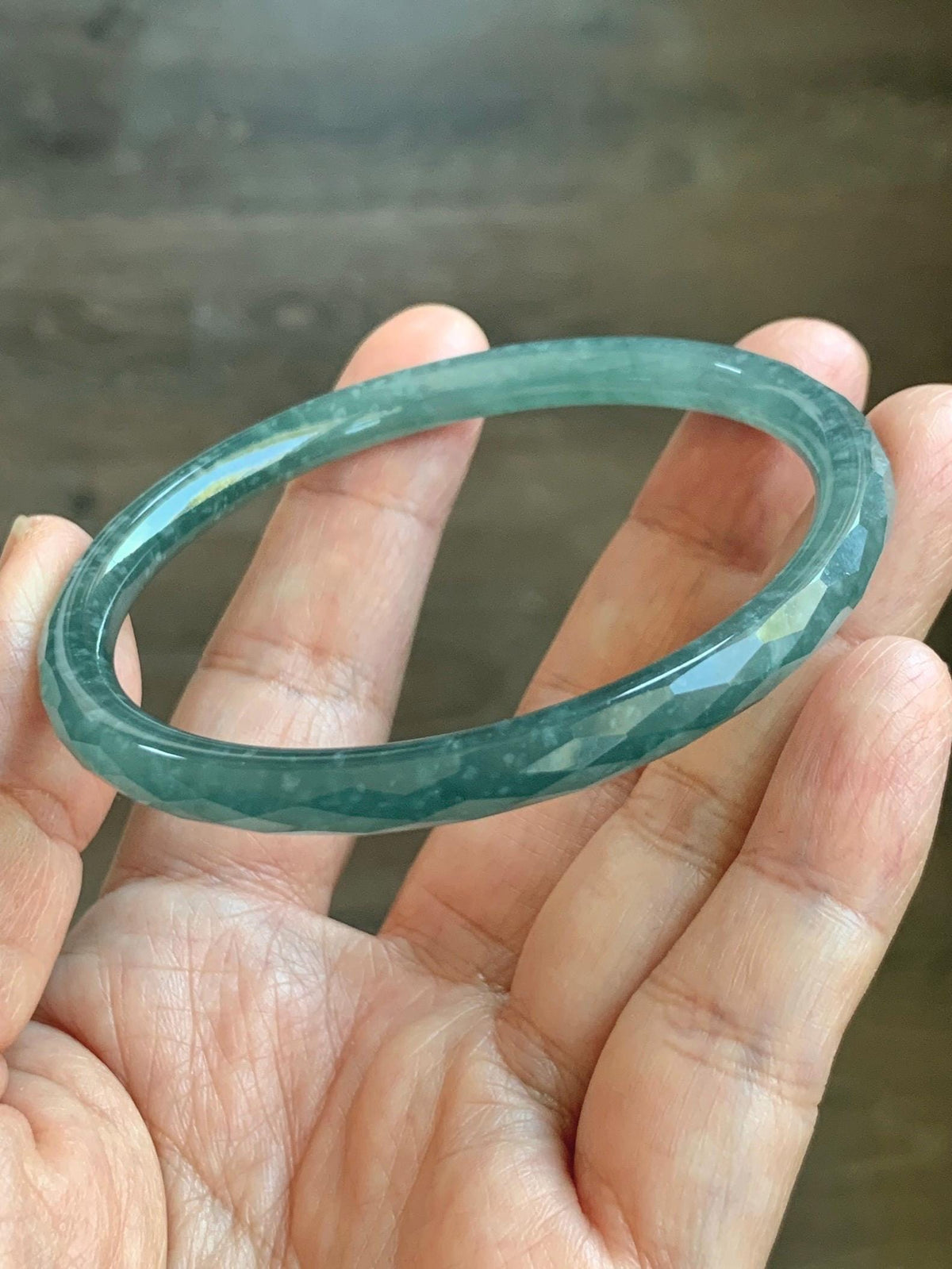 Certified Natural Grade A Guatemalan Icy Translucent Dusty Teal Jade Jadeite Diamond Faceted Slim Bangle 58mm 7.19” 19g 天然冰危蓝绿翡翠细圆条切割面手镯 954