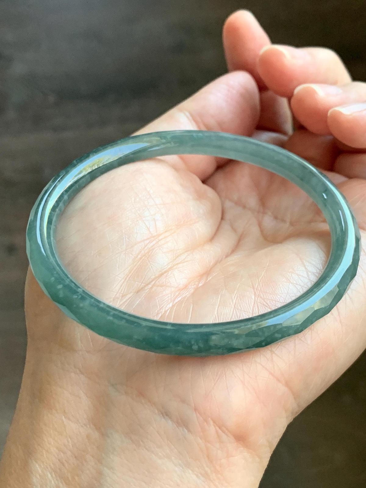 Certified Natural Grade A Guatemalan Icy Translucent Dusty Teal Jade Jadeite Diamond Faceted Slim Bangle 58mm 7.19” 19g 天然冰危蓝绿翡翠细圆条切割面手镯 954