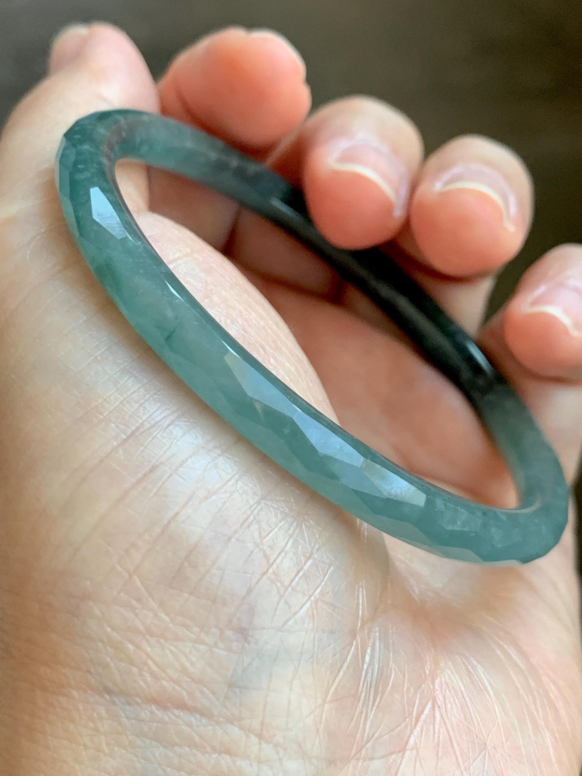 Certified Natural Grade A Guatemalan Icy Translucent Dusty Teal Jade Jadeite Diamond Faceted Slim Bangle 58mm 7.19” 19g 天然冰危蓝绿翡翠细圆条切割面手镯 954