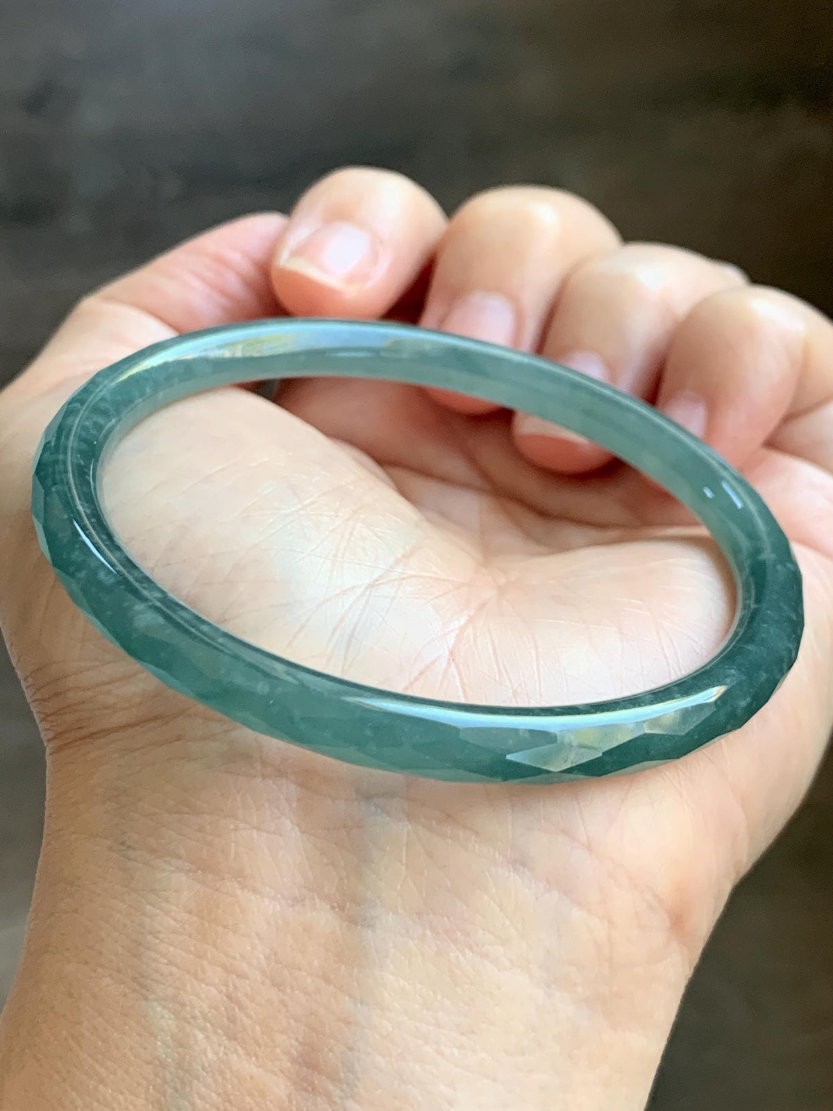 Certified Natural Grade A Guatemalan Icy Translucent Dusty Teal Jade Jadeite Diamond Faceted Slim Bangle 58mm 7.19” 19g 天然冰危蓝绿翡翠细圆条切割面手镯 954