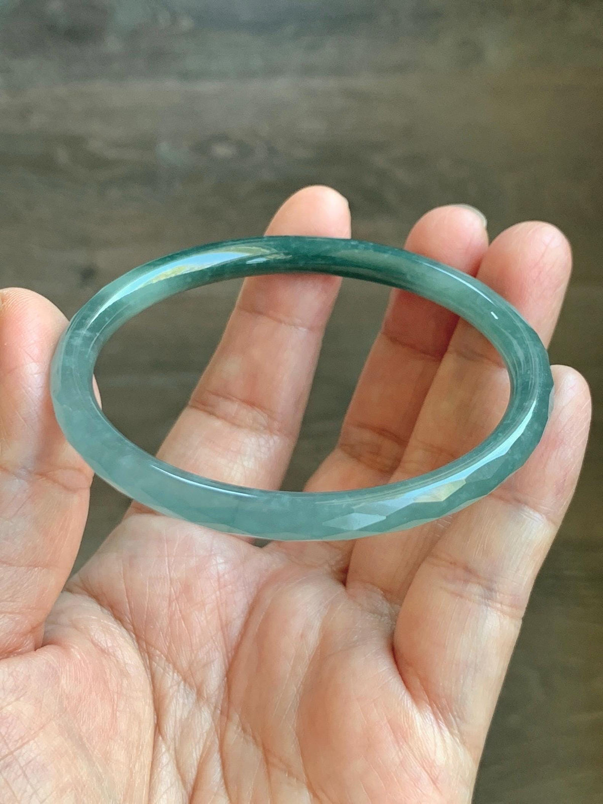Certified Natural Grade A Guatemalan Icy Translucent Dusty Teal Jade Jadeite Diamond Faceted Slim Bangle 58mm 7.16” 19g 天然冰危蓝绿翡翠细圆条切割面手镯 953