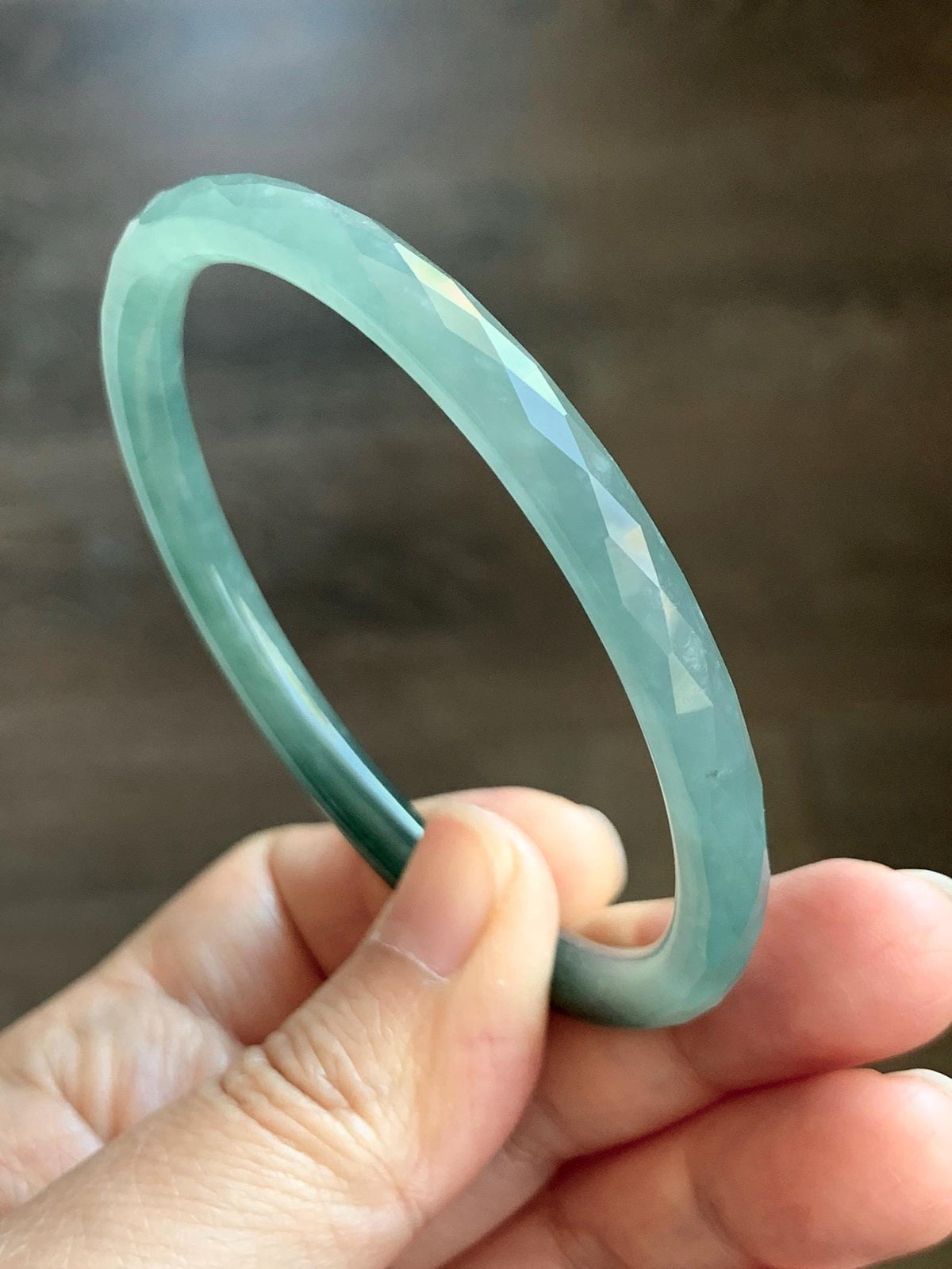 Certified Natural Grade A Guatemalan Icy Translucent Dusty Teal Jade Jadeite Diamond Faceted Slim Bangle 58mm 7.16” 19g 天然冰危蓝绿翡翠细圆条切割面手镯 953