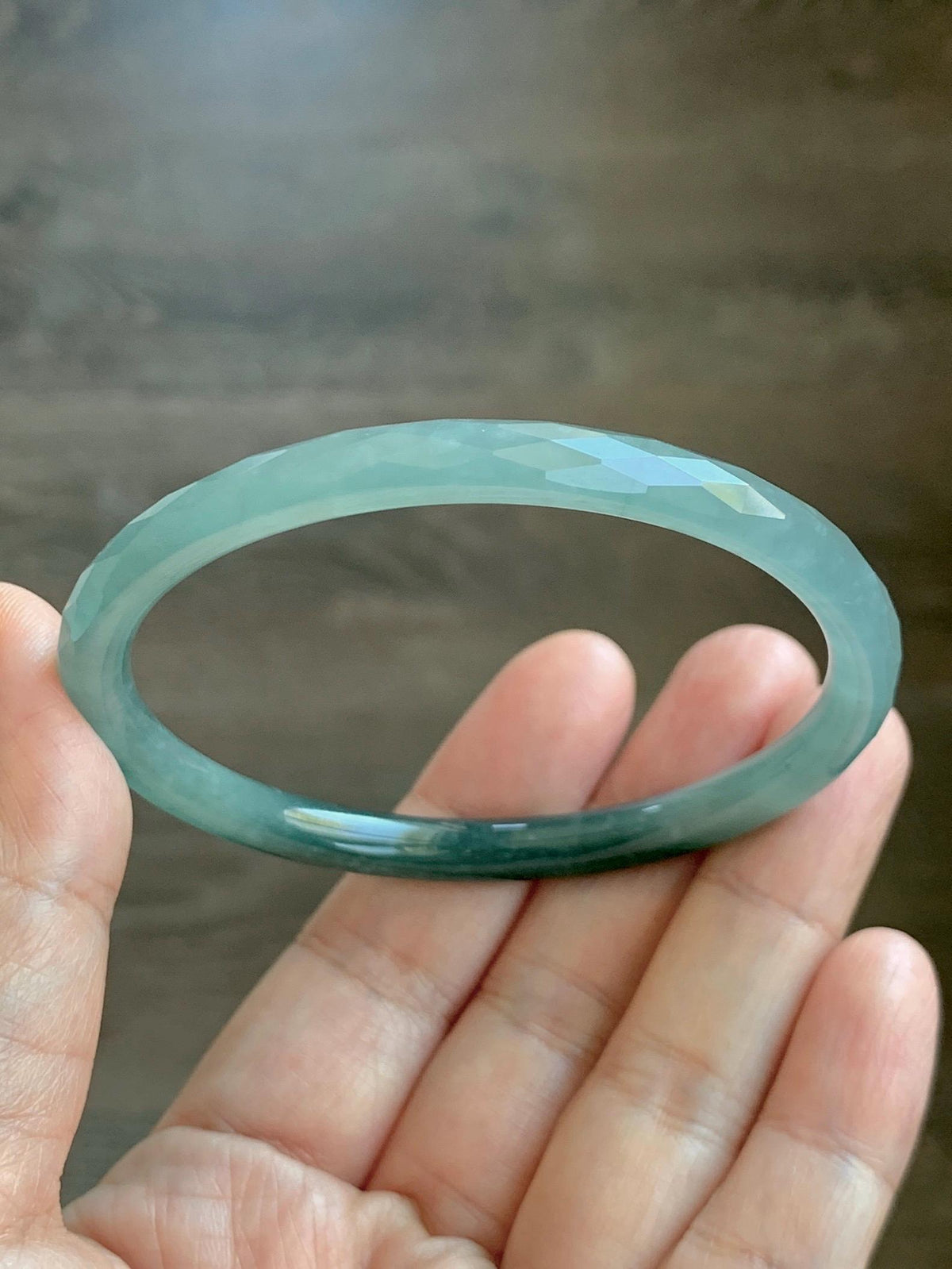 Certified Natural Grade A Guatemalan Icy Translucent Dusty Teal Jade Jadeite Diamond Faceted Slim Bangle 58mm 7.16” 19g 天然冰危蓝绿翡翠细圆条切割面手镯 953