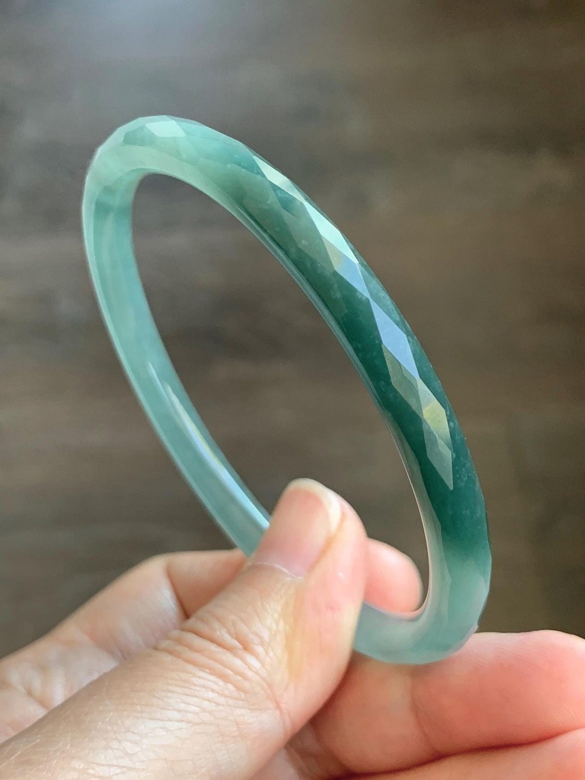 Certified Natural Grade A Guatemalan Icy Translucent Dusty Teal Jade Jadeite Diamond Faceted Slim Bangle 58mm 7.16” 19g 天然冰危蓝绿翡翠细圆条切割面手镯 953