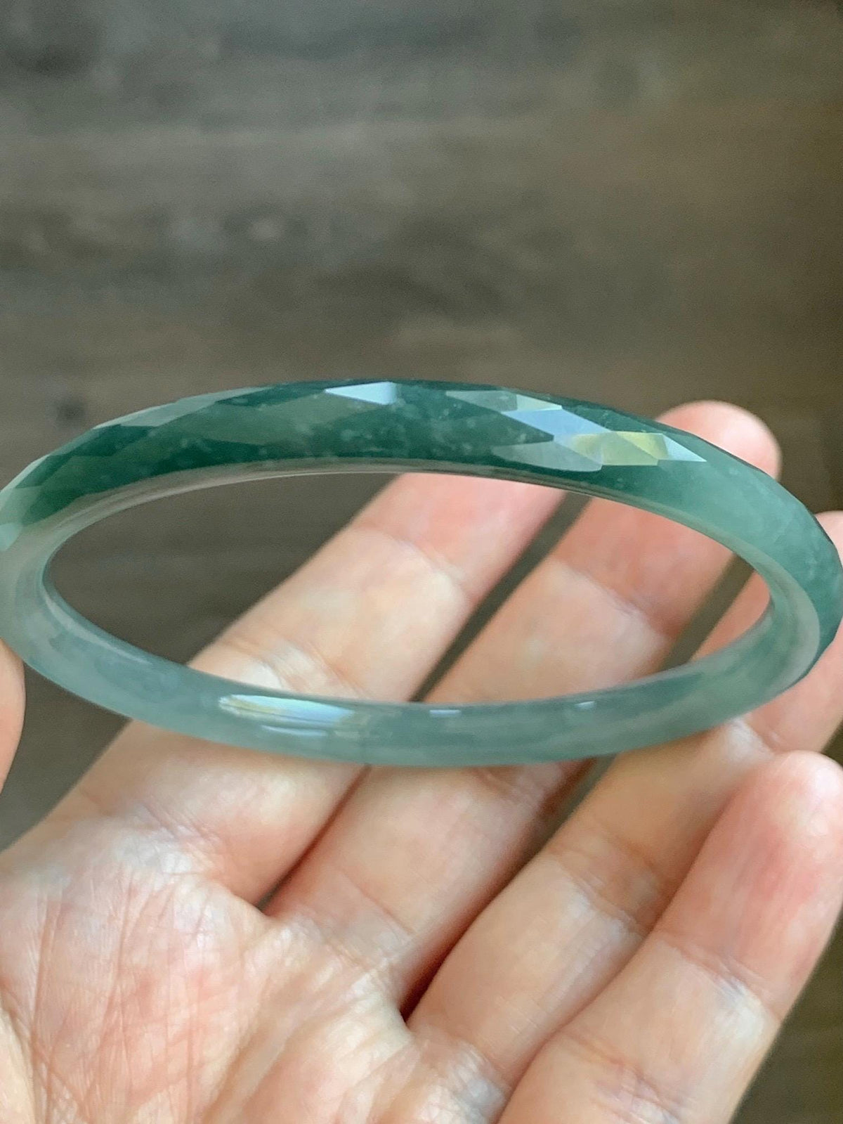 Certified Natural Grade A Guatemalan Icy Translucent Dusty Teal Jade Jadeite Diamond Faceted Slim Bangle 58mm 7.16” 19g 天然冰危蓝绿翡翠细圆条切割面手镯 953