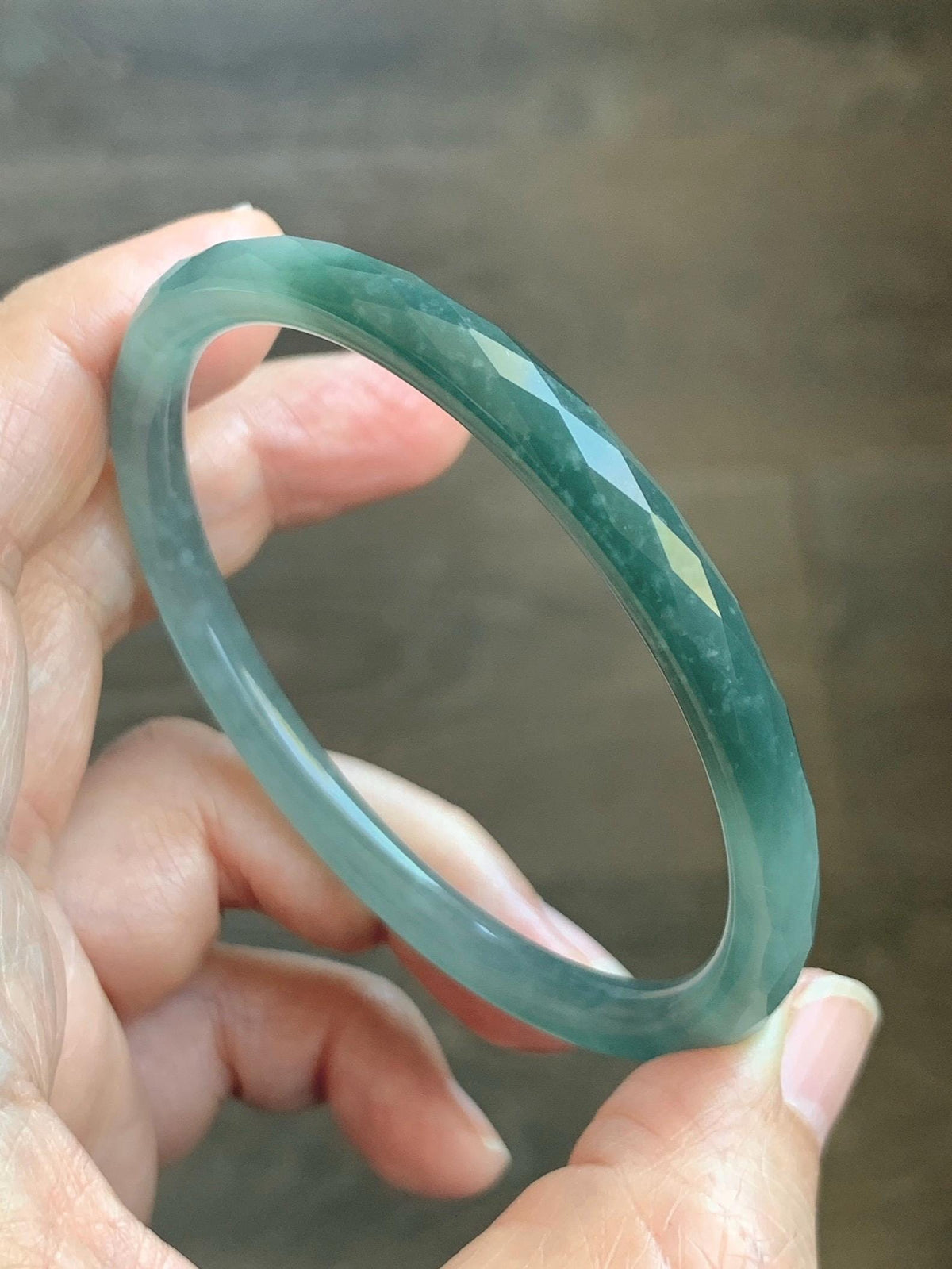 Certified Natural Grade A Guatemalan Icy Translucent Dusty Teal Jade Jadeite Diamond Faceted Slim Bangle 58mm 7.16” 19g 天然冰危蓝绿翡翠细圆条切割面手镯 953