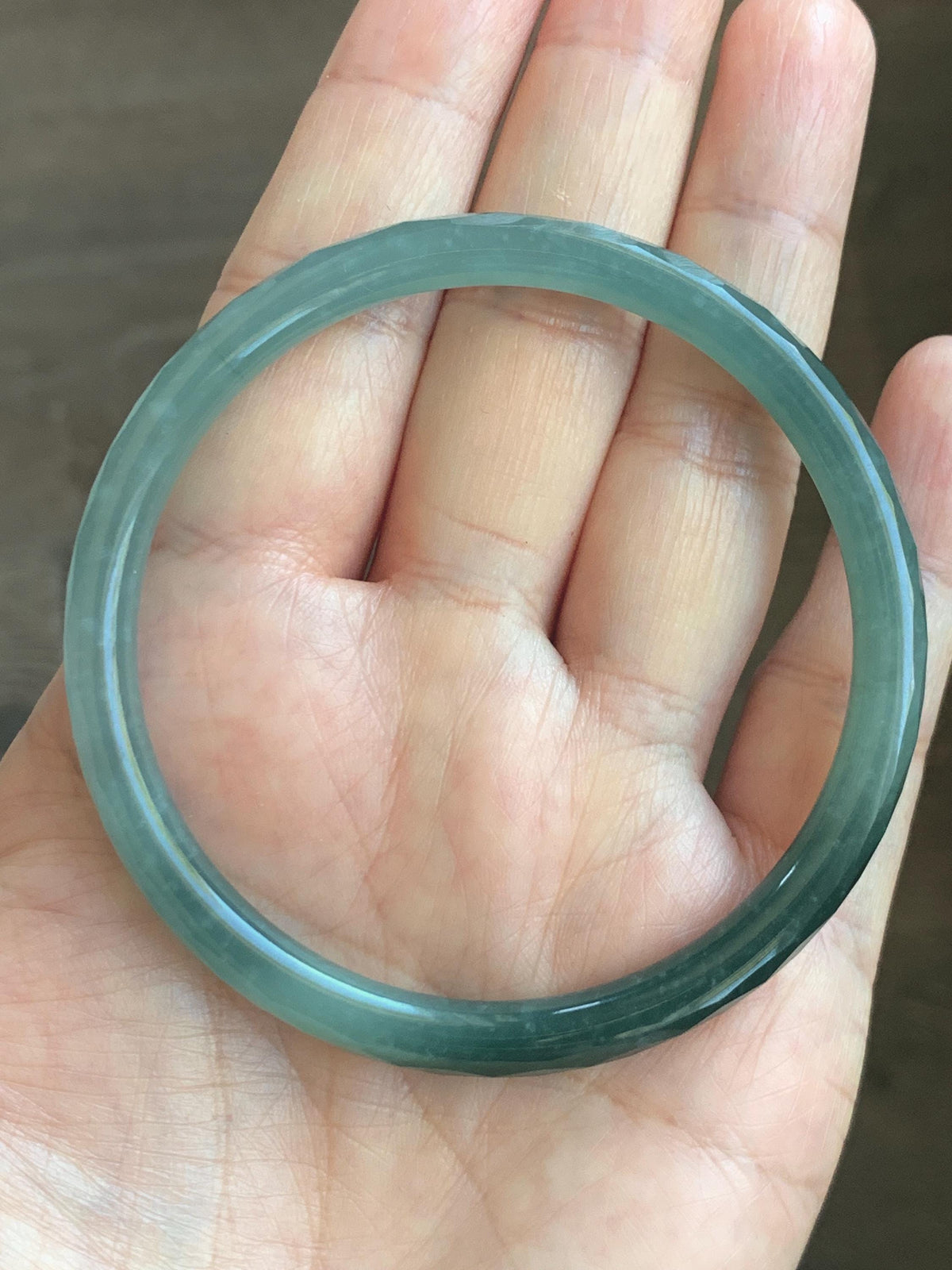 Certified Natural Grade A Guatemalan Icy Translucent Dusty Teal Jade Jadeite Diamond Faceted Slim Bangle 58mm 7.16” 19g 天然冰危蓝绿翡翠细圆条切割面手镯 953