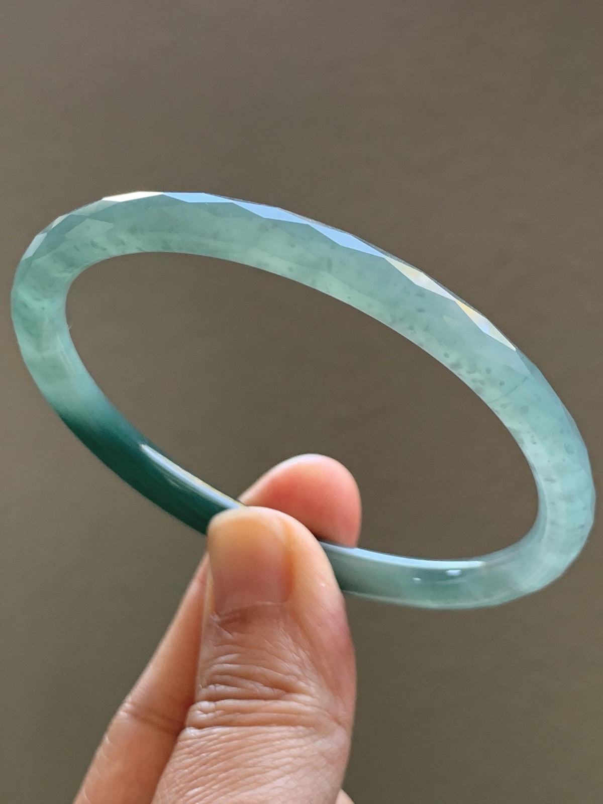 Certified Natural Grade A Guatemalan Icy Translucent Dusty Teal Jade Jadeite Diamond Faceted Slim Bangle 58mm 7.16” 19g 天然冰危蓝绿翡翠细圆条切割面手镯 953