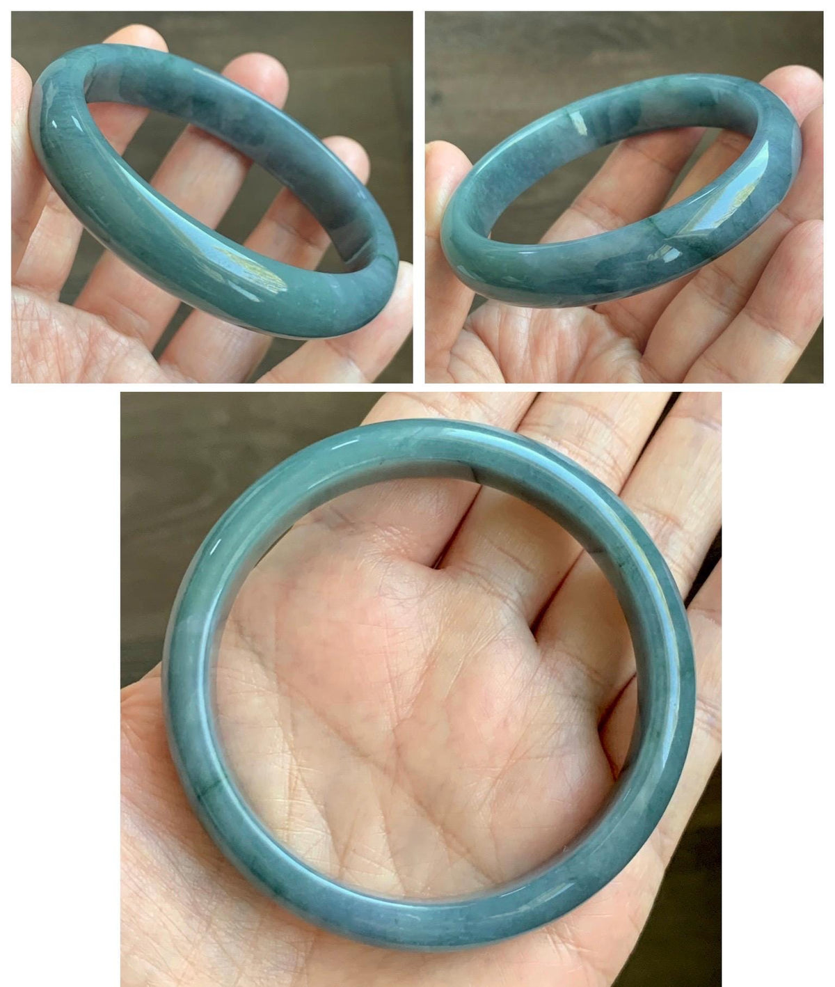Certified Natural Grade A Guatemalan Icy Dusty Teal Blue & Green Marbled Jade Jadeite Wide Bangle Bracelet 58.3mm 7.2” 46g 天然冰危蓝飘绿翡翠正圈手镯 939