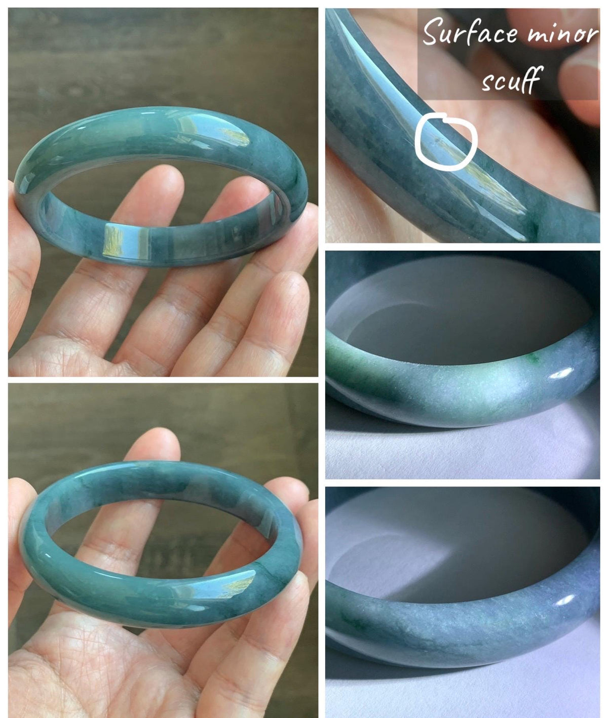 Certified Natural Grade A Guatemalan Icy Dusty Teal Blue & Green Marbled Jade Jadeite Wide Bangle Bracelet 58.3mm 7.2” 46g 天然冰危蓝飘绿翡翠正圈手镯 939