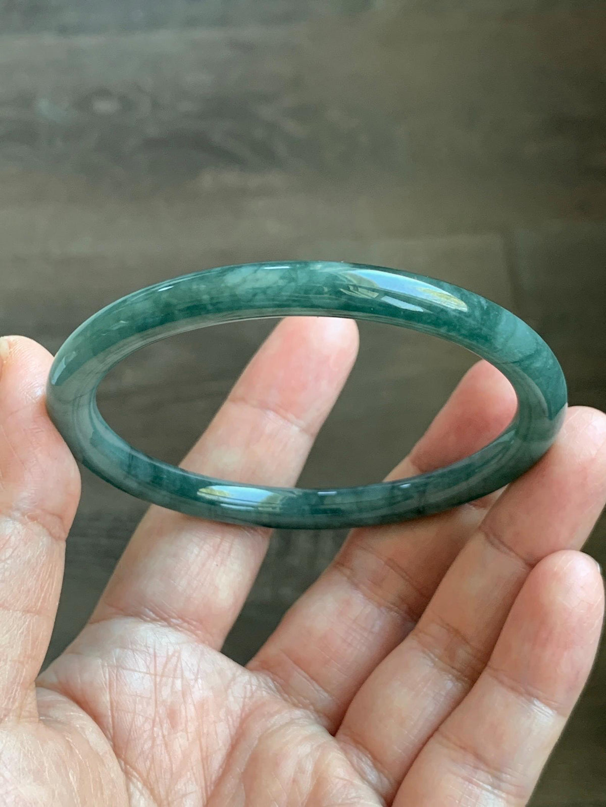 Certified Natural Grade A Guatemalan Icy Translucent Dark Dusty Teal Green Jade Jadeite Bangle Bracelet 57.92mm 7.16” 24g 天然冰危深蓝绿翡翠圆条手镯 934