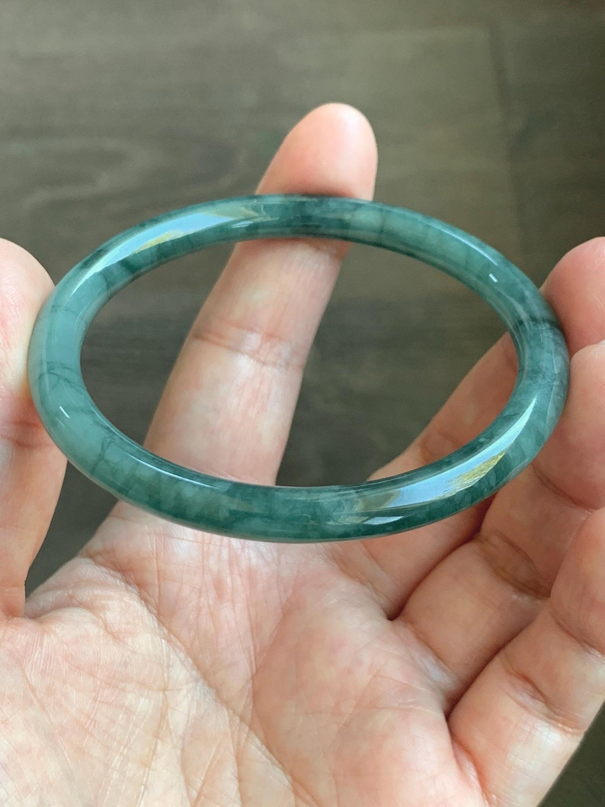 Certified Natural Grade A Guatemalan Icy Translucent Dark Dusty Teal Green Jade Jadeite Bangle Bracelet 57.92mm 7.16” 24g 天然冰危深蓝绿翡翠圆条手镯 934