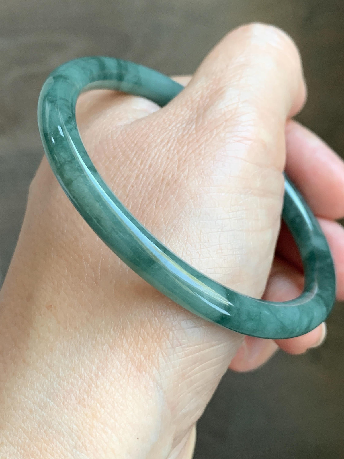 Certified Natural Grade A Guatemalan Icy Translucent Dark Dusty Teal Green Jade Jadeite Bangle Bracelet 57.92mm 7.16” 24g 天然冰危深蓝绿翡翠圆条手镯 934