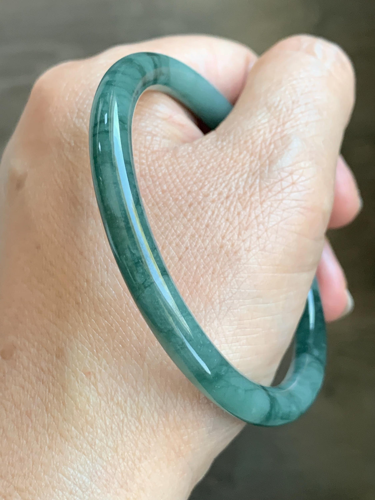 Certified Natural Grade A Guatemalan Icy Translucent Dark Dusty Teal Green Jade Jadeite Bangle Bracelet 57.92mm 7.16” 24g 天然冰危深蓝绿翡翠圆条手镯 934