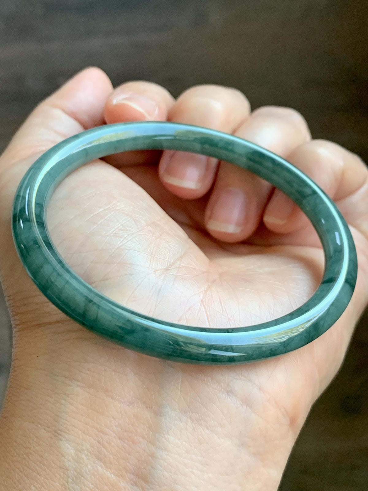 Certified Natural Grade A Guatemalan Icy Translucent Dark Dusty Teal Green Jade Jadeite Bangle Bracelet 57.92mm 7.16” 24g 天然冰危深蓝绿翡翠圆条手镯 934