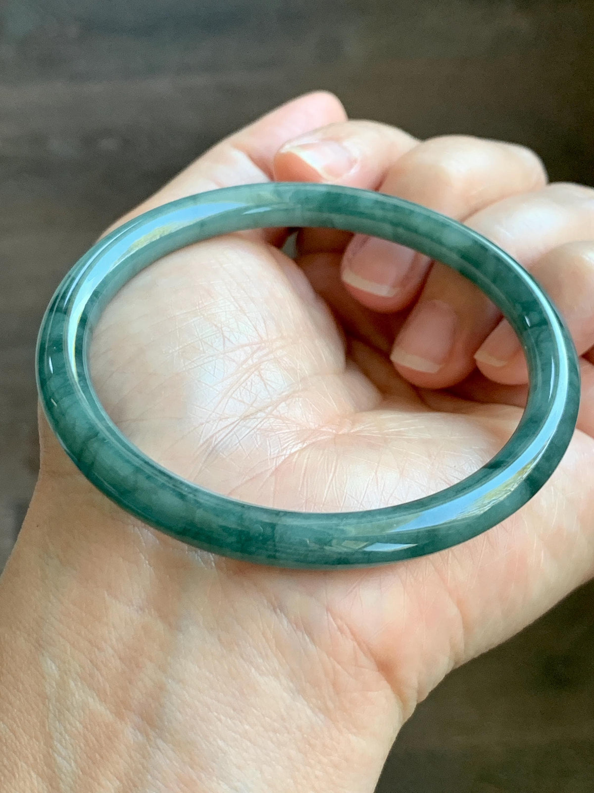 Certified Natural Grade A Guatemalan Icy Translucent Dark Dusty Teal Green Jade Jadeite Bangle Bracelet 57.92mm 7.16” 24g 天然冰危深蓝绿翡翠圆条手镯 934