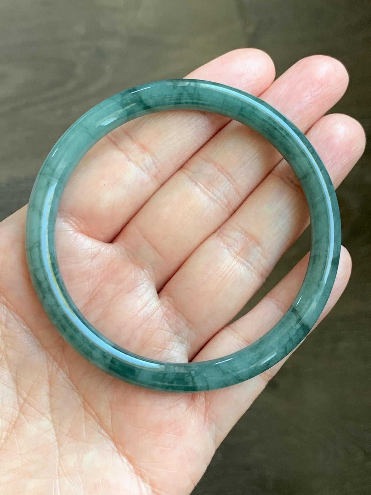 Certified Natural Grade A Guatemalan Icy Translucent Dark Dusty Teal Green Jade Jadeite Bangle Bracelet 57.92mm 7.16” 24g 天然冰危深蓝绿翡翠圆条手镯 934