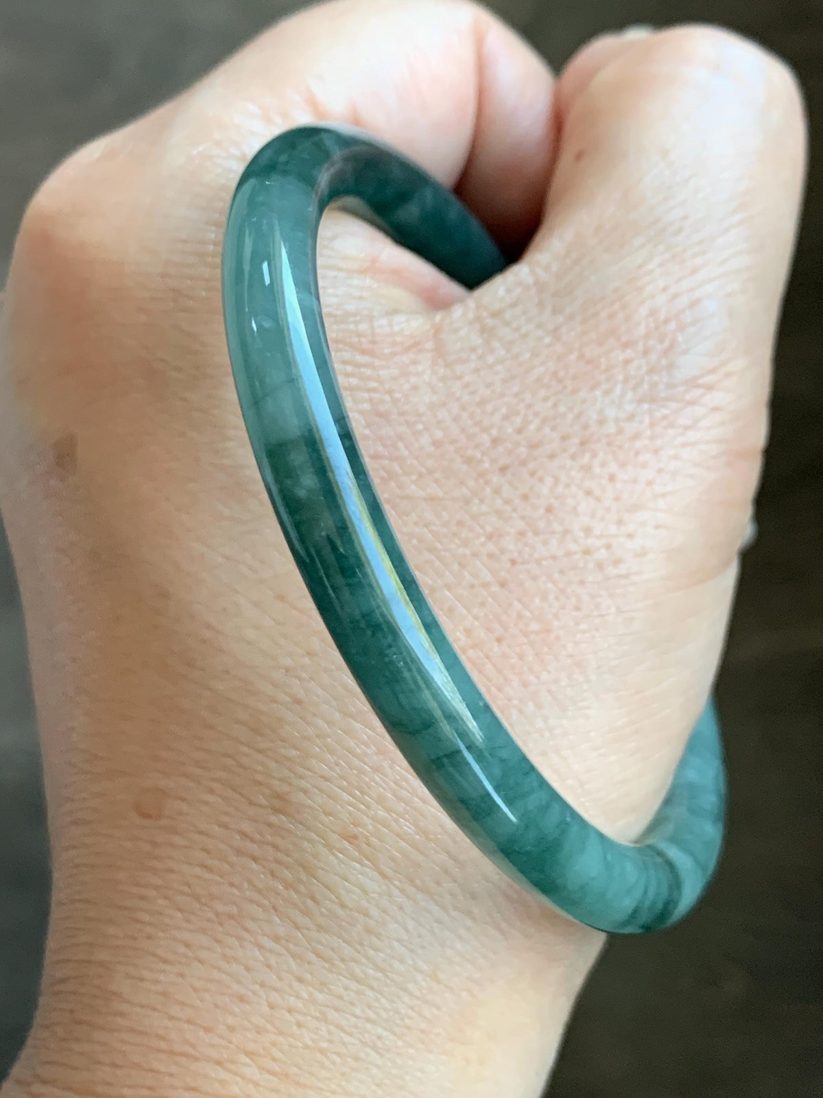 Certified Natural Grade A Guatemalan Icy Translucent Dark Dusty Teal Green Jade Jadeite Bangle Bracelet 58.83mm 7.27” 26.5g 天然冰危深蓝绿翡翠圆条手镯935