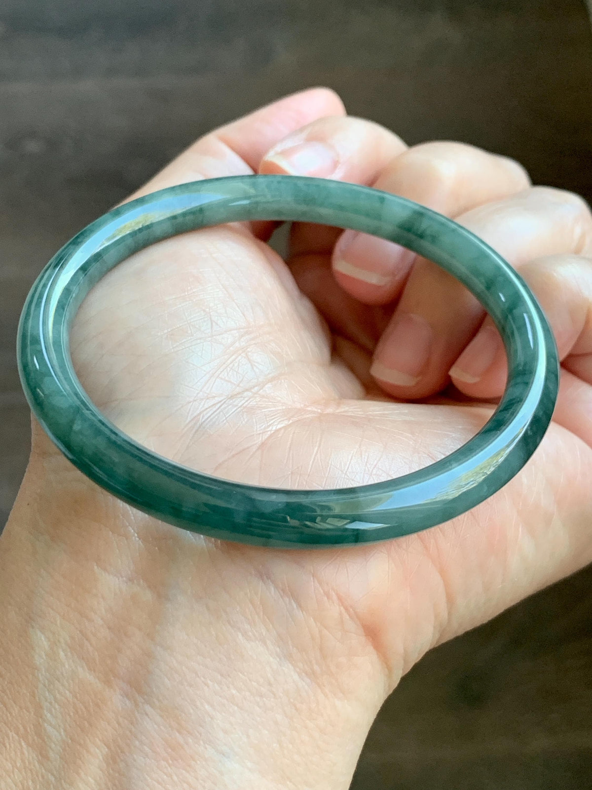 Certified Natural Grade A Guatemalan Icy Translucent Dark Dusty Teal Green Jade Jadeite Bangle Bracelet 58.83mm 7.27” 26.5g 天然冰危深蓝绿翡翠圆条手镯935