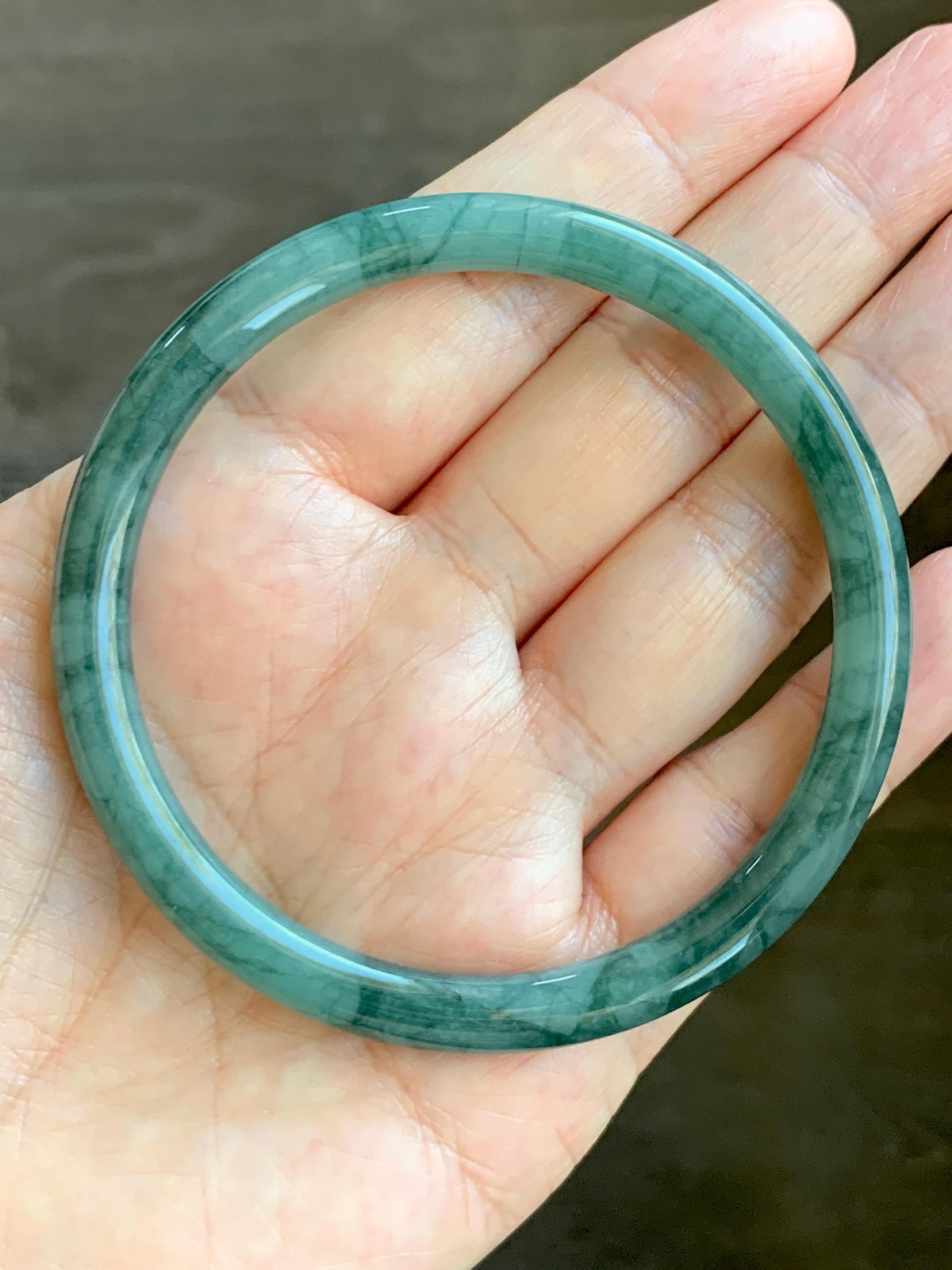 Certified Natural Grade A Guatemalan Icy Translucent Dark Dusty Teal Green Jade Jadeite Bangle Bracelet 59.83mm 7.4” 23g 天然冰危深蓝绿翡翠圆条手镯 937