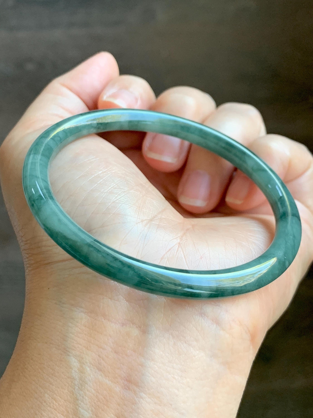 Certified Natural Grade A Guatemalan Icy Translucent Dark Dusty Teal Green Jade Jadeite Bangle Bracelet 59.83mm 7.4” 23g 天然冰危深蓝绿翡翠圆条手镯 937