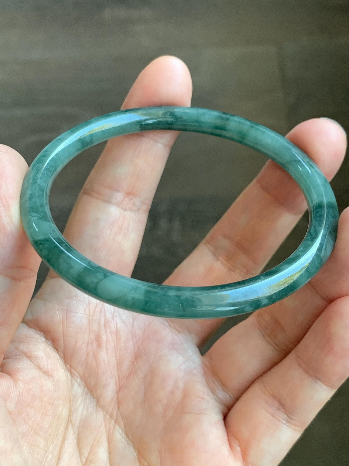 Certified Natural Grade A Guatemalan Icy Translucent Dark Dusty Teal Green Jade Jadeite Bangle Bracelet 59.83mm 7.4” 23g 天然冰危深蓝绿翡翠圆条手镯 937